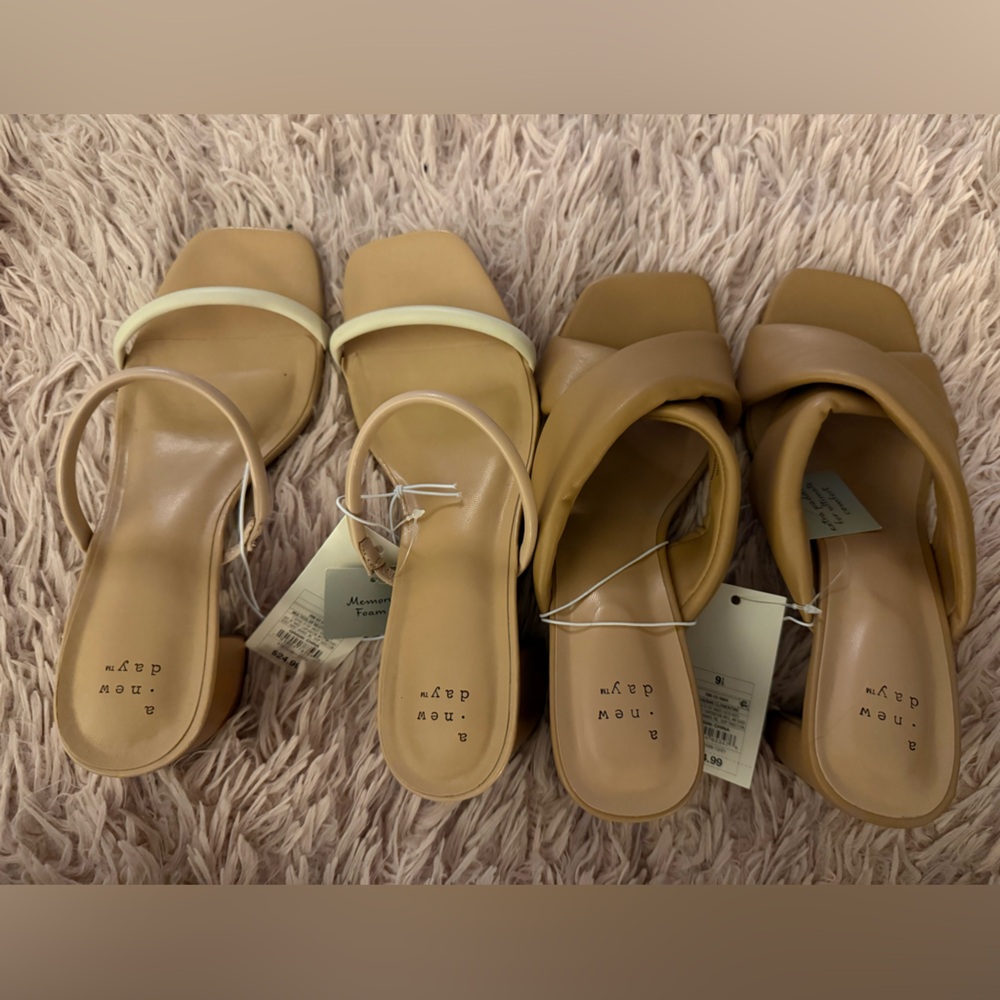 Two Pairs Tan Heeled Sandals